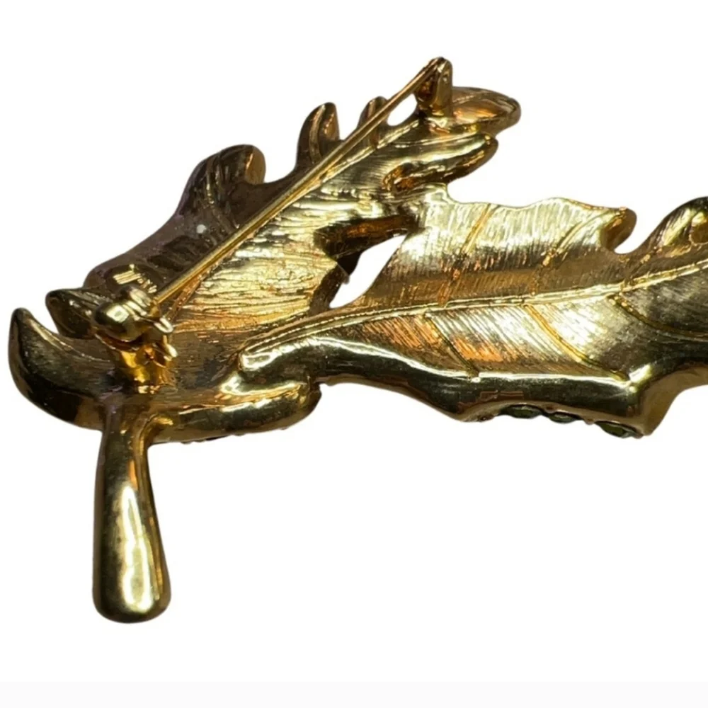 KJL Kenneth Jay Lane Vintage Jeweled Leaf Brooch Gold Tone Rhinestone Statement